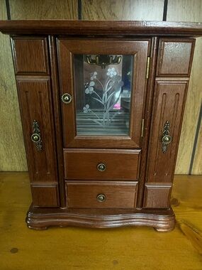 Wooden Jewelry Armoire with Etched Glass Door - Brown